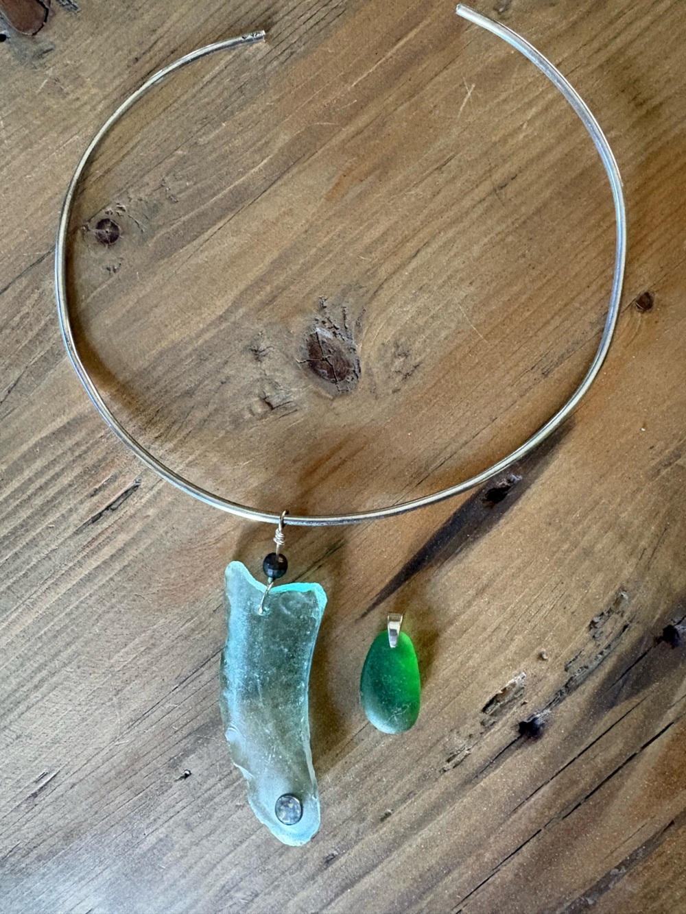 Sterling silver collar necklace with 2 beachy sea glass pendants